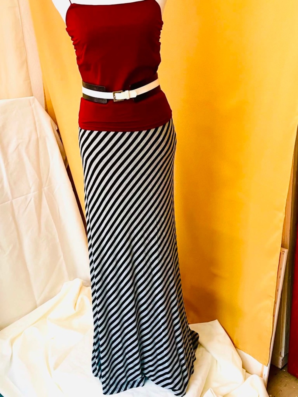 M - Grey Black Striped Maxi Skirt Summer